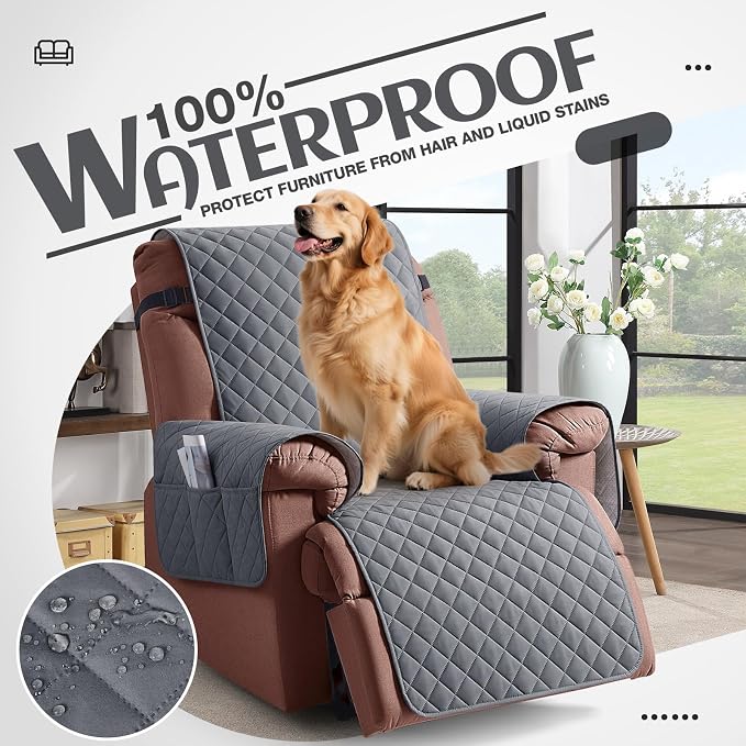 KinCam 100% Waterproof Recliner Chair Covers Washable, 30", Dark Gray | Anti Slip Reclining Couch Covers for Pets Dog, Recliner Sofa Slipcover Storage Pocket, Furniture Protector with Elastic Strap - Image 3