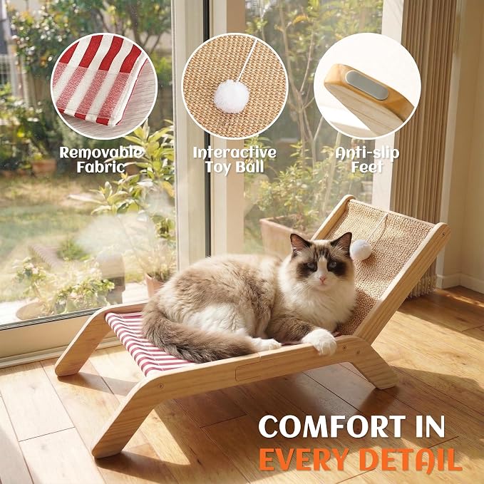 PETKARAY Beach Chair Cat Hammock, Elevated Cat Beds for Indoor Cats, Original Cozy Lounger with Sisal Scratcher and Toy Ball - Image 4