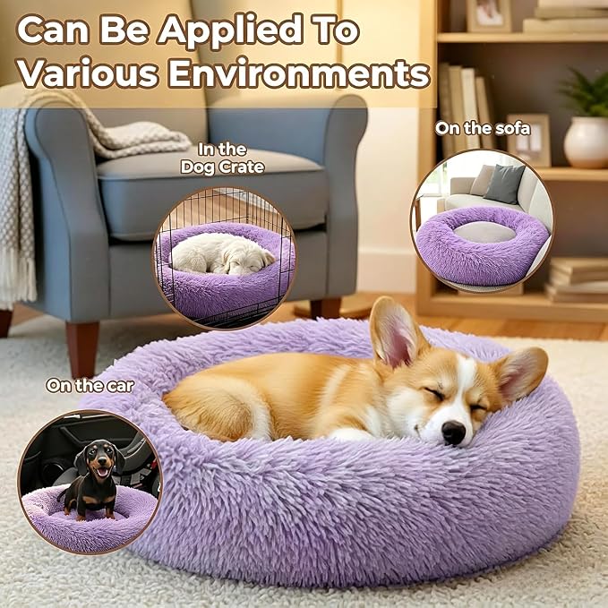 Calming Donut Dog Bed for Small Dogs, Anti-Anxiety Round Washable Plush Fluffy Faux Fur Large Cat Bed, 24 inches Fits up to 25 lbs Pets, Anti-Slip Waterproof Mute Base Purple - Image 5
