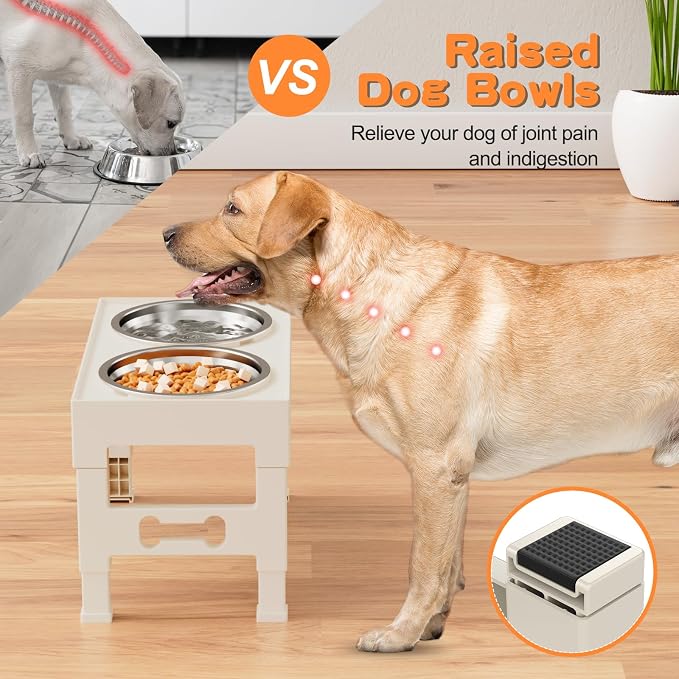 LAKIPETN Elevated Dog Bowls with Mat, Raised Dog Food Bowl Stand with 2 Stainless Steel Bowls, 5 Height Adjustable (3.1", 9", 10", 11", 12") Non-Slip Feeder Set for Medium and Large Dogs – Apricot - Image 4