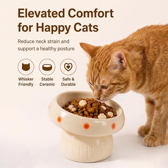 Ceramic ElevatedMushroom Feeding Cat Bowl Whisker Friendly | 15° Tilted,Wide & Shallow, Premium Ceramic - Image 5