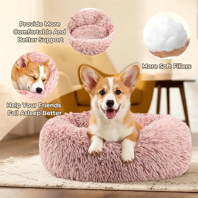 Calming Anti-Anxiety Donuts Dog And Cat Bed, Round Fluffy Soft Washable Small Medium Pet Bed For Puppy And Kitten, Cuddler Warming Comfortable Luxury Anti-Slip Waterproof Mute Base 24in Pink - Image 4