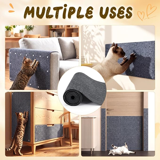 Shinylin 2 Pack Cat Scratch Mat 78.7"x15.8", Dark Gray | Self-Adhesive Trimmable Cat Scratching Carpet, DIY Cat Scratch Pad for Couch Sofa Wall Cats Tree, Durable Furniture Protector - Image 4