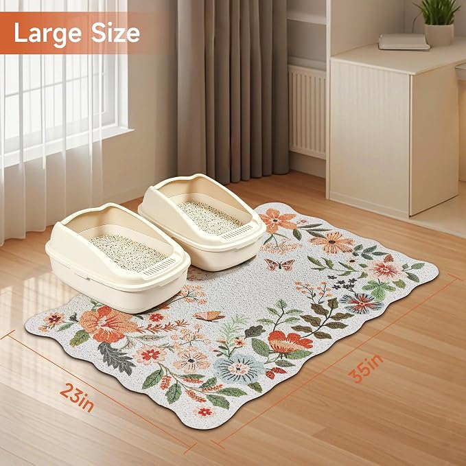 Cat Litter Mat,35"x23" Large Cute Litter Box Mat,Traps 100% Litter | Easy Clean for Scatter Control, Soft on Kitty Paws, Bohe cat food mat,Waterproof Urine Protection, Non-Slip, decor litter mat - Image 7