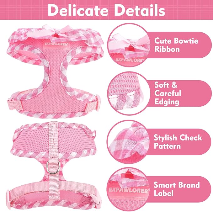 EXPAWLORER Step-in Dog Harness Small Sized Collar and Leash Set | Cute Small Dog Harness No Pull Girl, Pet Collar with Detachable Bow, Adjustable Light Puppy Vest for Dogs Cats, Pink S - Image 3