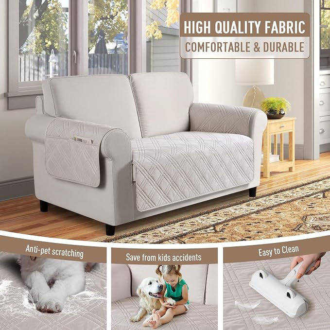 TAOCOCO Waterproof Loveseat Covers for Dogs, Non Slip Couch Cover, 54'' | Washable Love Seat Covers with Arms for 2 Cushion Couch, Dog Sofa Cover Protector, Pockets & Backless Design, Cream - Image 4