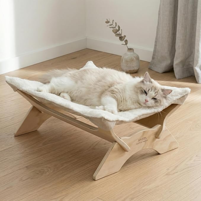 JSPYFITS Elevated Cat Bed Hammock, Raised Cat Bed with Dual-Sided Plush & Linen Cushion, Machine Washable & Breathable Cover Tool Free Easy Assembly, up to 66Lbs (White) by JSPYFITS