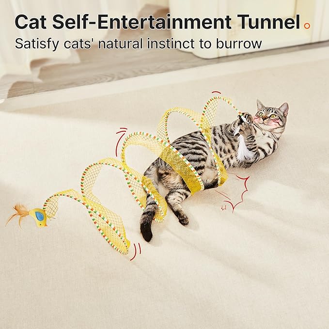 Potaroma Spiral Tunnel Cat Toy, Self Play Collapsible Spring Kitten Tunnel | For Indoor Cats, with Feather and Bell, 20 Inches Unfolded - Image 2