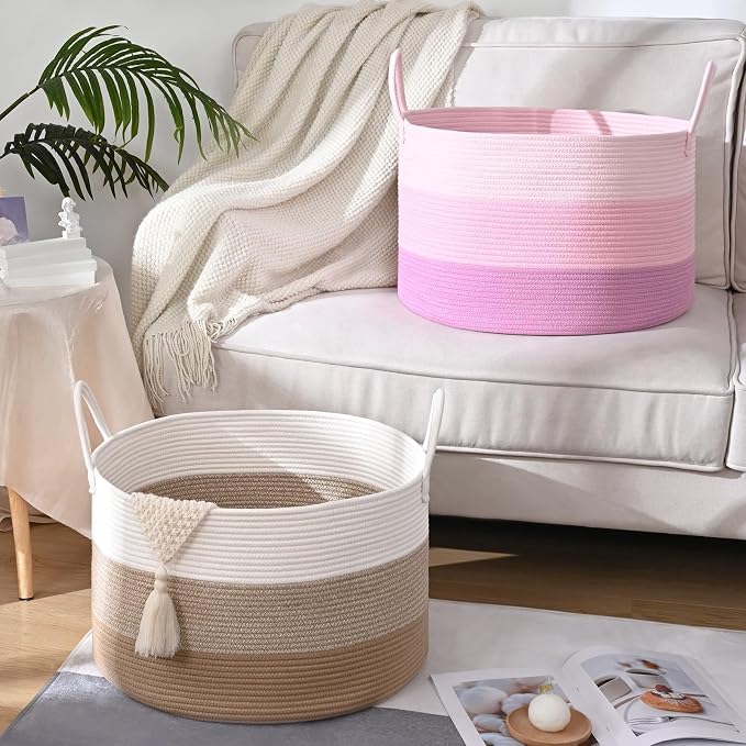 67L Large Woven Blanket Basket, Cotton Rope Baby Laundry Hamper with Handles, Kids Toy Basket for Classroom & Nursery, Soft Round Stuffed Animal Storage, Dog Toy Bin - 20"x13", Pink - Image 8
