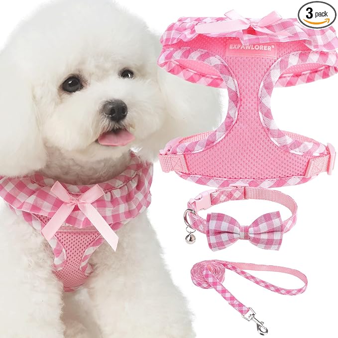 EXPAWLORER Step-in Dog Harness Small Sized Collar and Leash Set | Cute Small Dog Harness No Pull Girl, Pet Collar with Detachable Bow, Adjustable Light Puppy Vest for Dogs Cats, Pink XS by EXPAWLORER