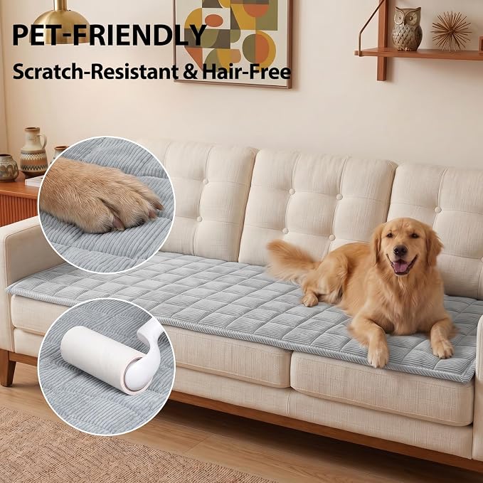 Fixwal Waterproof Corduroy Dog Couch Cover, 27.6" x 94.5", Light Gray | Integrated TPU Barrier, Non-Slip Backing, Machine Washable, Pet Friendly, Easy Clean Pet Hair, Soft Sofa Cushion Protector - Image 6