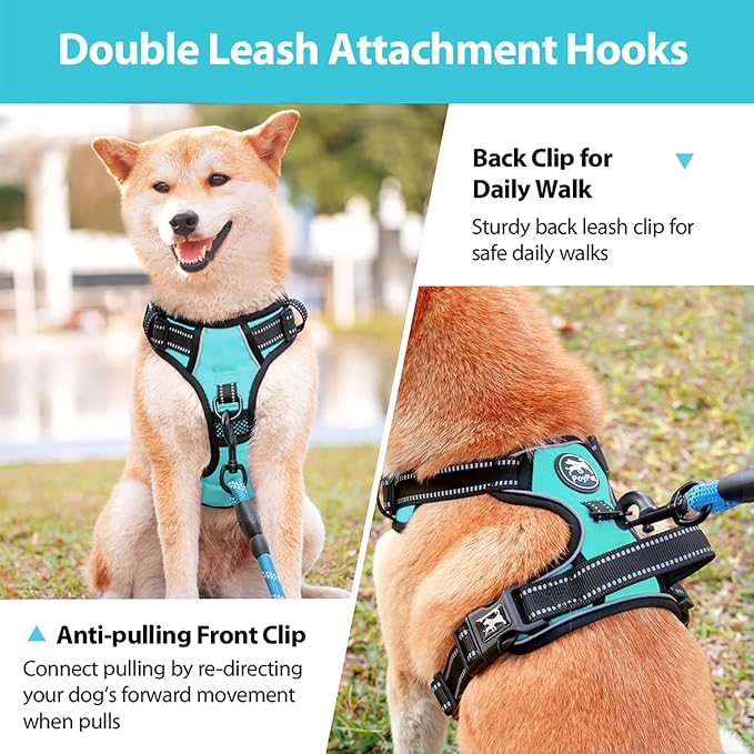 PoyPet No Pull Dog Harness Medium with Front Clip & Neck Release Buckle | No Choke, Adjustable Vest, Reflective, Back Clip, Lockable, Soft Padded Handle for Walking Training, M, Mint Blue - Image 3