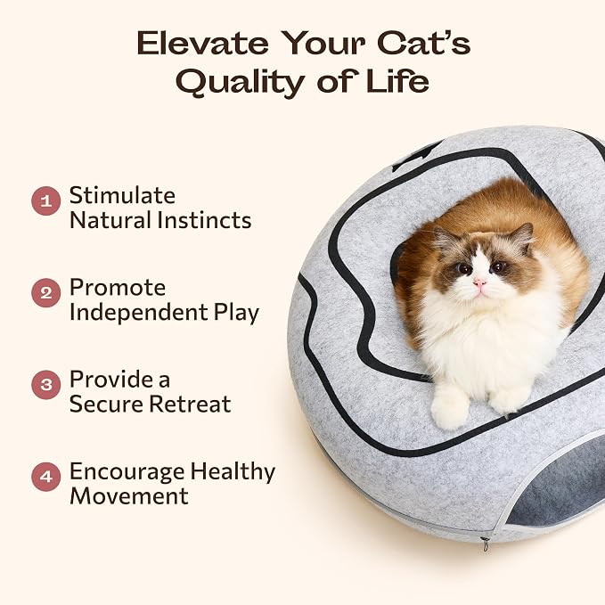 Peekaboo Cat Cave Donut - Cat Tunnel Bed for Indoor Cats – Cute Patterns Hideaway for Multiple & Large Cats, Scratch-Resistant (Light Gray) - Image 8
