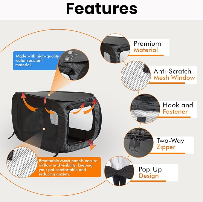 Portable Collapsible Pop Up Kennel, 36" L x 22" W x 22" H, Black | Collapsible indoor/outdoor travel cat and dog crate with mesh screen windows pops up and folds flat for easy storage - Image 4