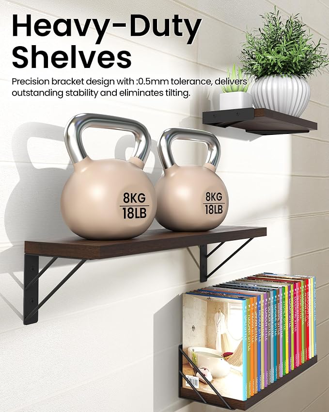 BAYKA Floating Shelves for Wall, Book Shelf for Bedroom, Wall Decor Shelves for Living Room Kitchen, Wood Floating Shelf for Home Decor, Corner Shelf for Bathroom, Office(Dark Brown,Set of 3) - Image 4