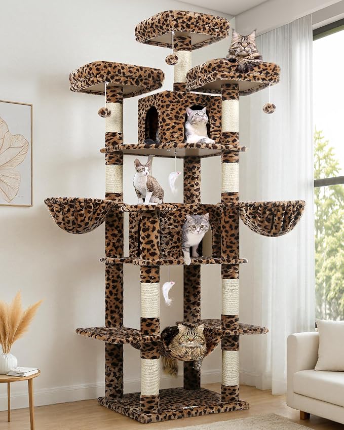 Globlazer Big XXL Cat Tower for Indoor Multiple Cats, F80, Leopard Print | 80 inch Cat Tower for Adult Cats Cat Tree with Scratching Post, Hammock, 3 Perches, 2 Condos, 2 Hanging Basket by Globlazer