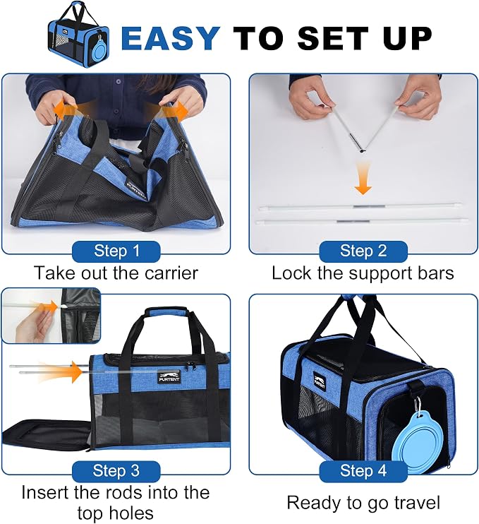 Pet Carrier Airline Approved, Soft Sided Cat Carrier for Small Pets up to 13 lbs, TSA Approved Dog Travel Bag, Portable Soft Sided Pet Carrier for Kittens and Puppies (Blue, Folding Bowl) - Image 7
