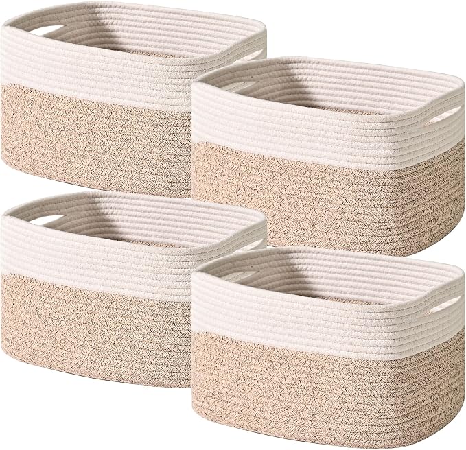 ICERZCZ Storage Baskets for Shelves, Woven Storage Basket, Bins for Cube Storage, Cotton Rope Basket with Handles for Toy, Book, and Clothes Living Room, (4 Packs) Off White & Brown by ICERZCZ