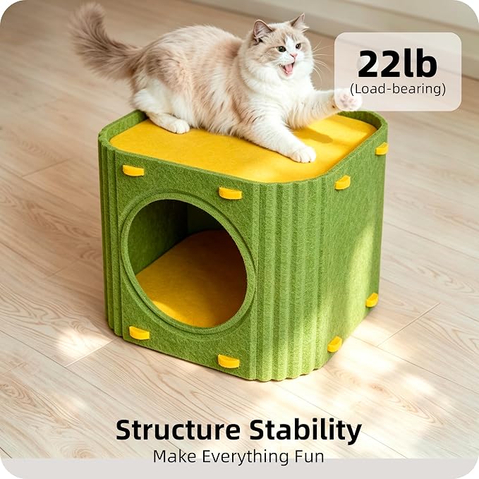 Cat House for Indoor Cats, Thick Felt Cat Bed, Scratch Resistant | Sturdy Cat Bed Cave, 2-in-1 Cat Condo, Cozy Felt Covered Cats Tunnel, 14.9 Inch Kitten Hideaway for Multicats, Up to 22Lbs - Image 4