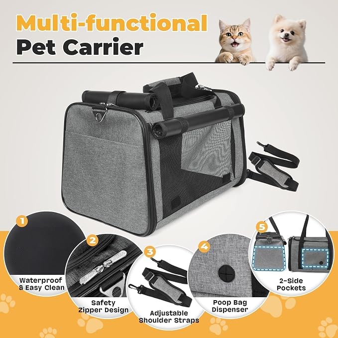 YUDODO 2 Packs 25 lbs Soft Sided Pet Carrier for Large Cat & Small Dog | Airline Approved, Lightproof Breathable Design, Side Pockets, Durable Mesh, Foldable and Portable, Grey+Grey green - Image 9