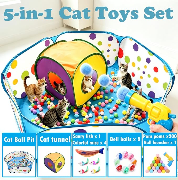 Ball Pit and Tunnel Tent for Cats, with 200 Pom‑pom Balls, 1 Ball Launcher, 8 Bell Balls, 4 Colorful Mice and 1 Saury Fish, Foldable Indoor & Outdoor Cat Activity Center for Interactive Play - Image 2