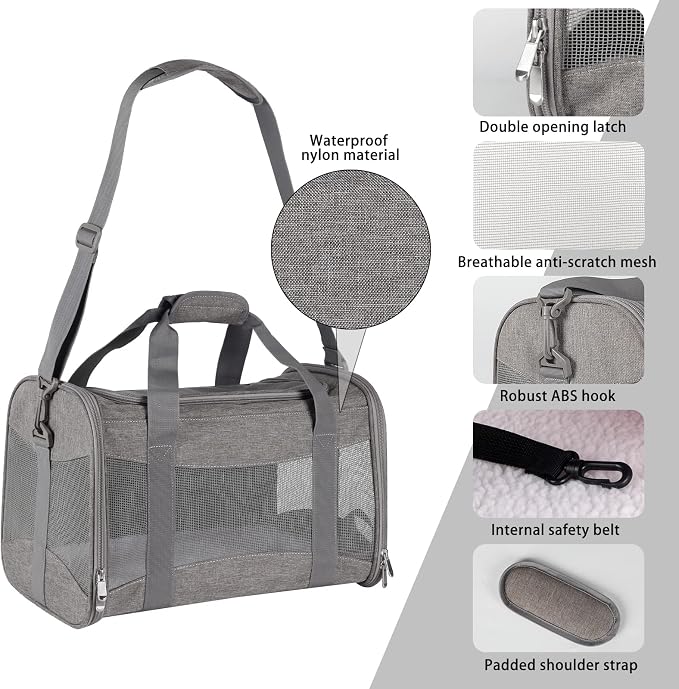 Cat Carrying Case - Pet Carrier Airline Approved, Protable and Breathable Pet Travel Carrier Removable Fleece Pad, Collapsible Cat Carrier Dog Carrier for Medium Cats Small Cats Dogs (17*11*11 grey) - Image 3
