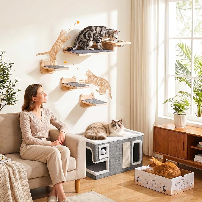 PatiencET Wall Mounted Shelves Cat Feeding Station with 3 Steps and 2 Bowls | Elevated feeding zone helps separate meals in homes with cats and dogs or multiple cats, plus a perch for climbing and rest. - Image 6