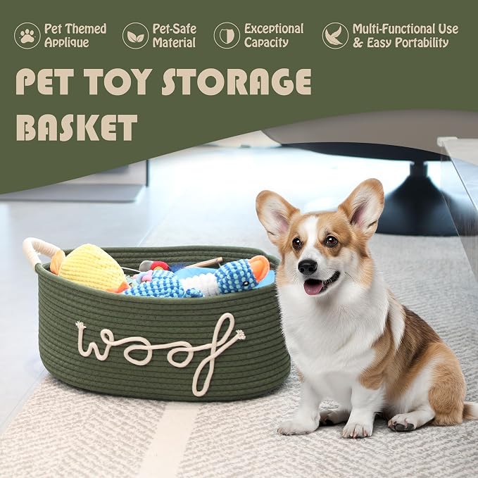 Sea Team Dog Toy Storage Basket with Handles, Green Woof | Large Cotton Rope Storage Bin, Shelf Basket, Organizer for Pet Chew Toys, Foods, 16.5 x 11 x 7 Inches, 4.4 Gallons - Image 3
