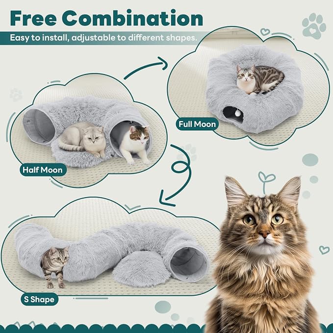 DUMOS Cat Tunnel Bed for Indoor Cats, Cave Donut Play Tunnel, Silver | Soft Plush Peekaboo, Washable Circle Cushion, Multifunctional Playground Under Tree Toys for Kittens, Puppy, Rabbit, Ferret - Image 4