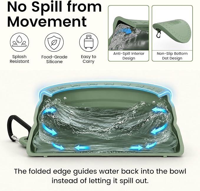 OHMO Spill Proof Collapsible Dog Bowl, 34oz Portable Dog Water Bowl | Low Center Gravity Stability, Tapered Splash Control, Foldable, Dishwasher Safe, Dog Travel Essential, Sage Green - Image 2