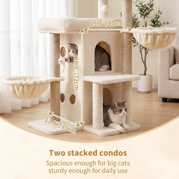 Heybly Cat Tree with Reinforced Big Base, 41.3 in Sturdy Cat Tower HCT075MJ | Indoor Cat Furniture Featuring 2 Roomy Platforms, Double Condos, 2 Cozy Baskets, Full Sisal Scratching Posts, Beige - Image 4