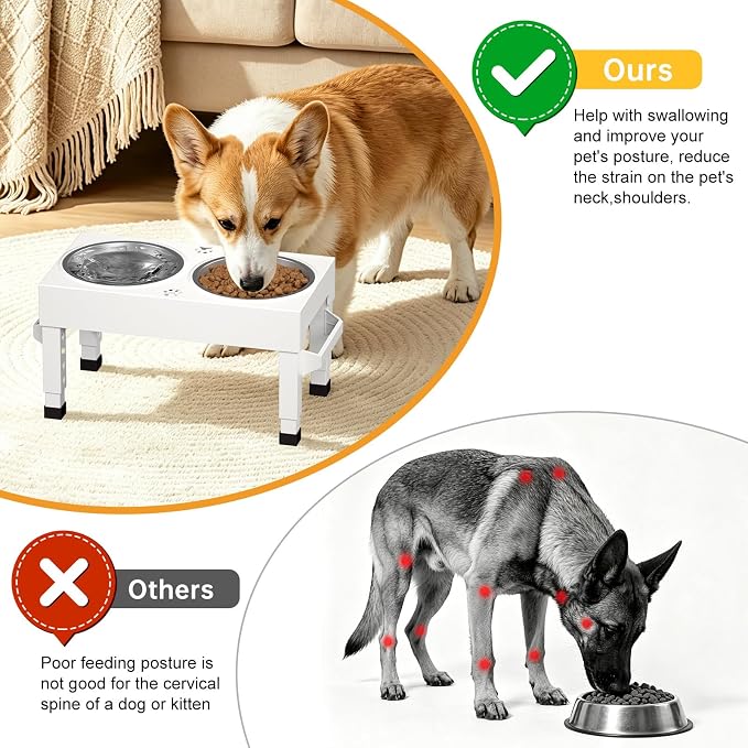 Elevated Dog Bowls Stand Large Breed, Height Adjustable Raised Dog Bowls Holder with 2 Stainless Steel Food Bowls for Small, Medium and Large Canine，White - Image 8