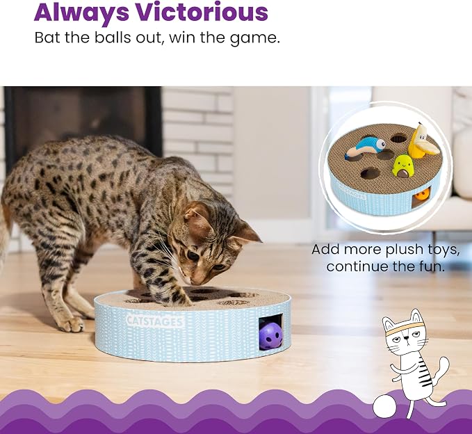 Catstages Scratch N' Hunt Interactive Cat Puzzle Toy with Scratcher, 11" | 7 Hunting Holes, 3 Balls, Corrugated Scratching Pad for Nail Care, Engages Hunting Instincts, Enrichment for Cats & Kittens - Image 4