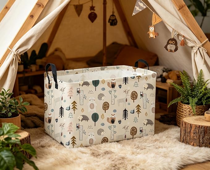 Sanjiaofeng Rectangular Cute Animals Storage Baskets,Foldable Kids Toy Clothes Bins for Bedroom,Woodland Animal Basket,Books Box, Gift Basket(Tree Trunk Animals) - Image 4