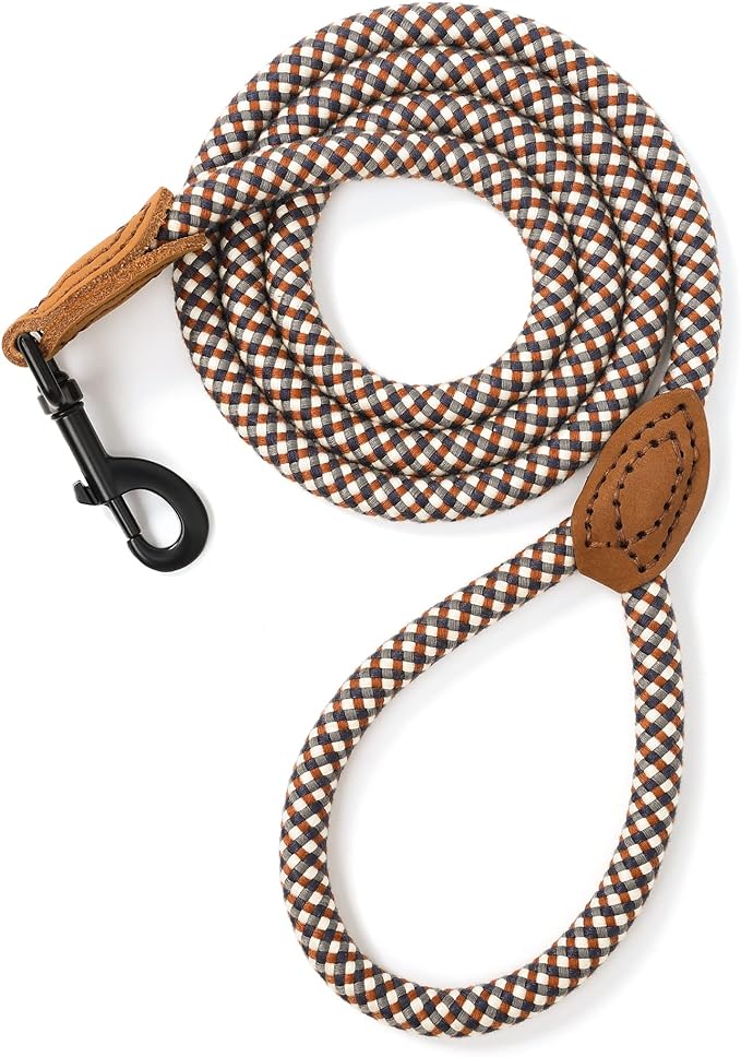 Mile High Life Dog Leash with Genuine Leather-Wrapped Ends, 4/5/6FT | Tangle-Free 360° Swivel Clasp Heavy Duty Rope Leash | Small Medium Large Dogs | Daily Walking (Brown, 48 Inch, 1/2") by MileHighLife