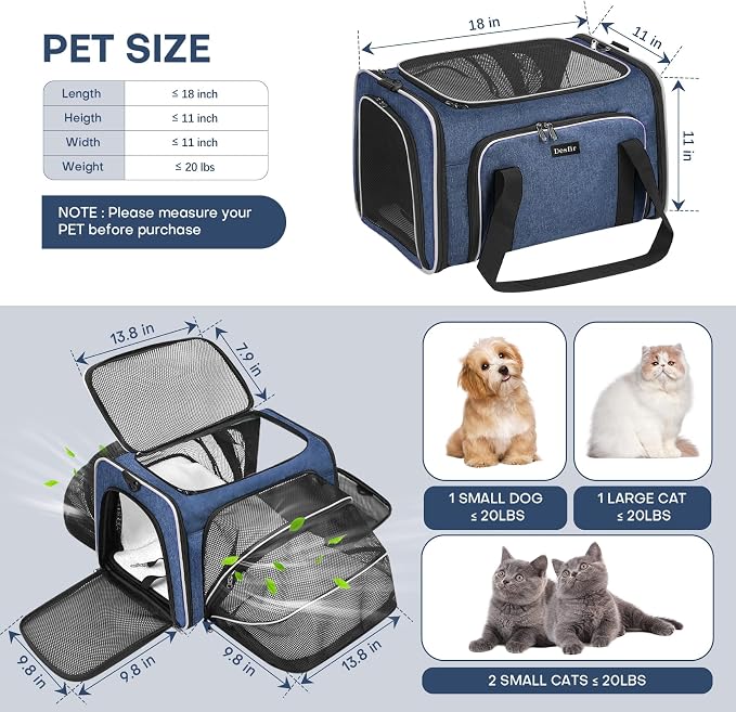 Pet Carrier, Large Soft Sided Expandable Travel Carrier with Steel Frame, Anti-Scratch Mesh, Removable Fleece Pad and Pockets for Cats, Dogs and Small Animals up to 15 lbs (Blue, 4 Sides Expandable) - Image 5