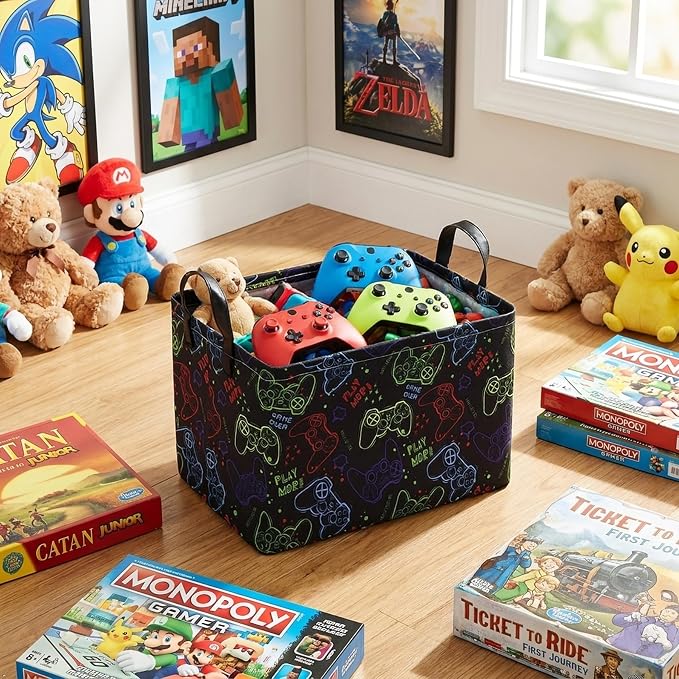 MAIZMZ Game Controller Storage Bin, Waterproof Linen Laundry Basket with Handles for Game Room Bed, Gifts,Toys - Image 2