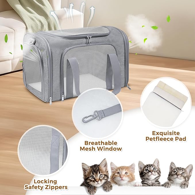 Cat Carrier Soft Up to 16 Lbs, Breathable Pet Travel Bag with Steel Frame | Lockable Zippers, Fits Small Dog, Kitten, and Rabbit,Medium Travel Carrying Case for Kennel Car Airline Transport，Grey - Image 3