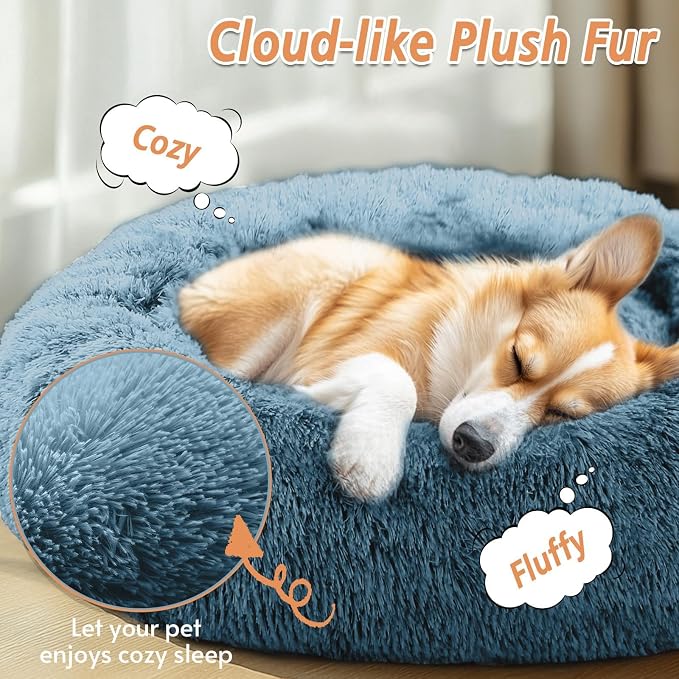 JOLLYVOGUE Calming Dog Bed Medium Size Dog, 31in Donut Washable Medium Pet Bed, Anti-Slip & Anti-Anxiety Fluffy Faux Fur Round Dogs Bed, Fits up to 45 lbs Pets (Blue) - Image 2