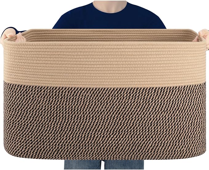 96L XL Large Cotton Rope Basket, Soft Toy Storage Bin for Nursery & Living Room, Decorative Blanket Basket for Bedroom, Baby-Safe Organizer for Pillows &Laundry, 24''×16''×15'', Brown & Black by SIXDOVE