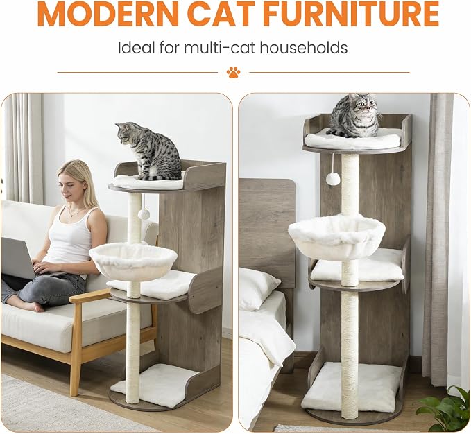 44.8in Modern Wood Cat Tree Tower for Indoor Large Cats with Perch | Multi-level Big Platforms, Sisal Scratching Posts, Cozy Hammock, Washable Pads, Ideal for Windows and Corners, Greige - Image 2