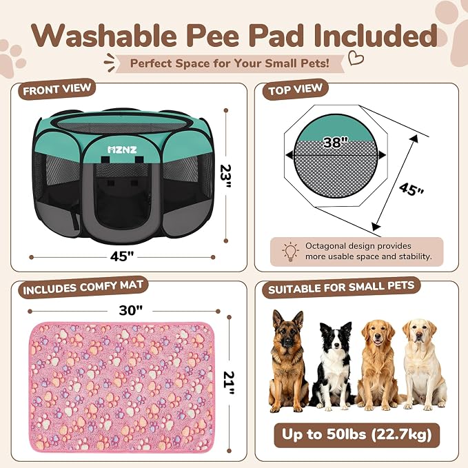 Dog Cat Small Animal Puppy Playpen Crate with 2 Blankets, Large, Blue | Portable Pop Up Pet Cage Enclosure Tent Kennel Indoor Outdoor with Carrying Case, No Assembly, Camping Use - Image 2