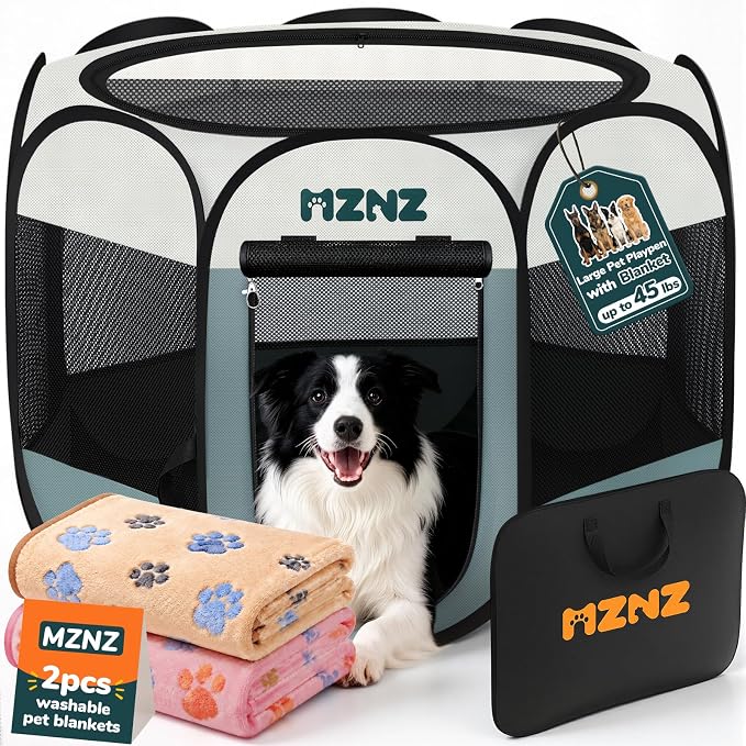 Dog Cat Small Animal Puppy Playpen Crate with 2 Blankets, Large, Grey | Portable Pop Up Pet Cage Enclosure Tent Kennel Indoor Outdoor with Carrying Case, No Assembly, Camping Use by MZNZ