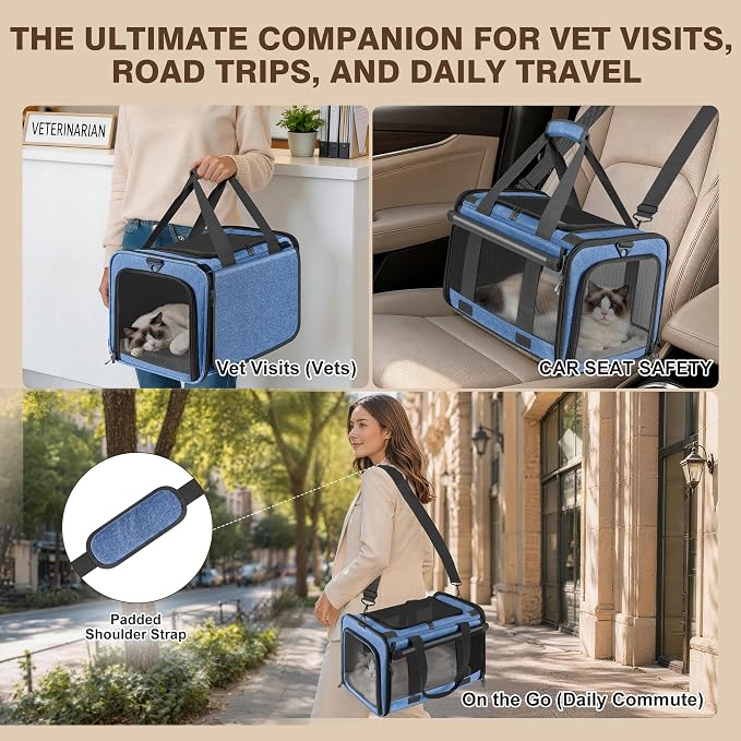 Soft Sided Cat Carrier for Anxious Pets with Privacy Roller Blinds | TSA Airline Approved Dog Carrier for Small Medium Cats Dogs up to 18 lbs, Foldable Pet Travel Bag with Side Storage Pocket - Image 8