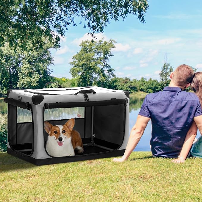 PETSFIT 30" Soft Portable Dog Crate – Patented Spiral Sturdy Frame, Collapsible Travel Kennel for Medium Dogs, 3 Mesh Door, Lockable Zippers, Indoor & Car Use Gray - Image 9