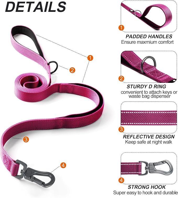 Twoear 4FT 1IN Heavy Duty Dog Leash for Large Dogs with 2 Padded Handles | Traffic Handle Extra Control, Auto Lock Hook, Strong Reflective Walking Leash for Night Safety, Medium and Large Breeds,Rose - Image 2