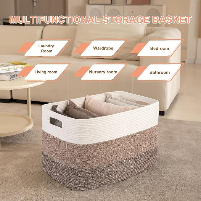 OIAHOMY Blanket Basket Laundry Basket Dog Toy Basket 108L Dark Brown | Large Storage Basket,Baby Basket,Toy Storage,Woven Rope Basket for Blankets,Blanket Storage for Living Room - Image 4