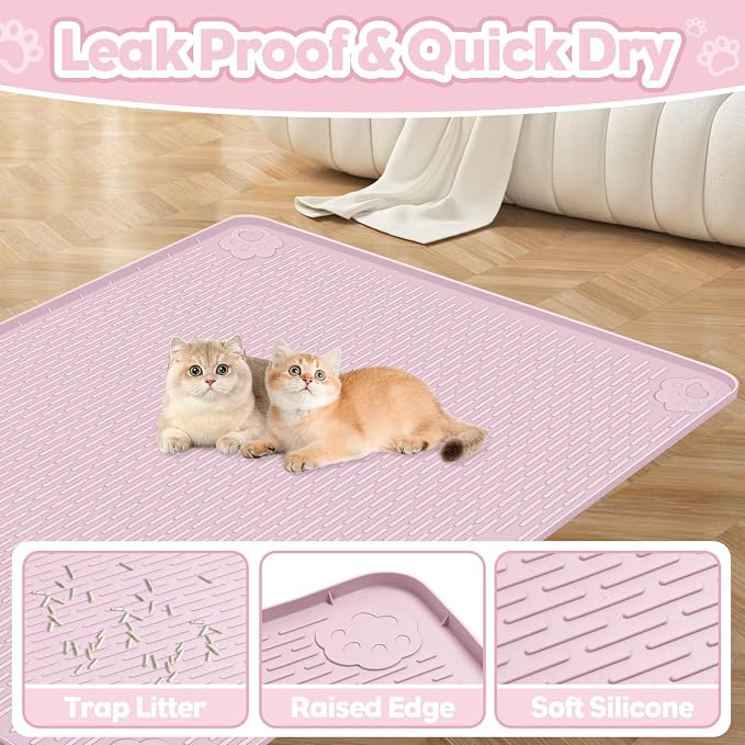 Silicone Cat Litter Mat for Litter Box 34”x22” Large Cat Mat, Pink | Waterproof, Non-Slip, Leak-Proof Rug Mat with Lip, Easy to Clean, Extra Large Litter Catcher Mat for Floor - Image 3