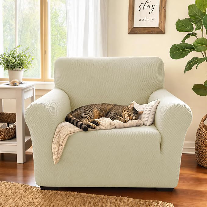 XINEAGE Stretch Jacquard Armchair Cover, Non Slip Sofa Slipcover for Dog | High-Stretch Fabric. Wear-Resistant, Pet Friendly. Easy Install & Washable for Living Rooms, Offices.Light Beige - Image 3