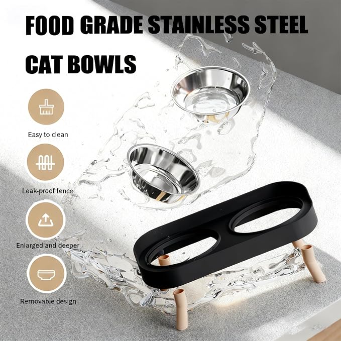 Elevated Cat Bowls, 2 Stainless Steel Raised Cat Food and Water Bowl Set, Splash Proof & Non-Slip, Whisker Fatigue Friendly, Dishwasher Safe for Cats and Small Dogs - Black - Image 4
